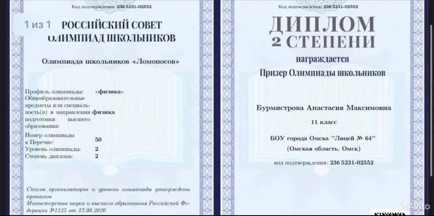 Призёр олимпиады «Ломоносов» (МГУ) по физике — диплом 2 степени