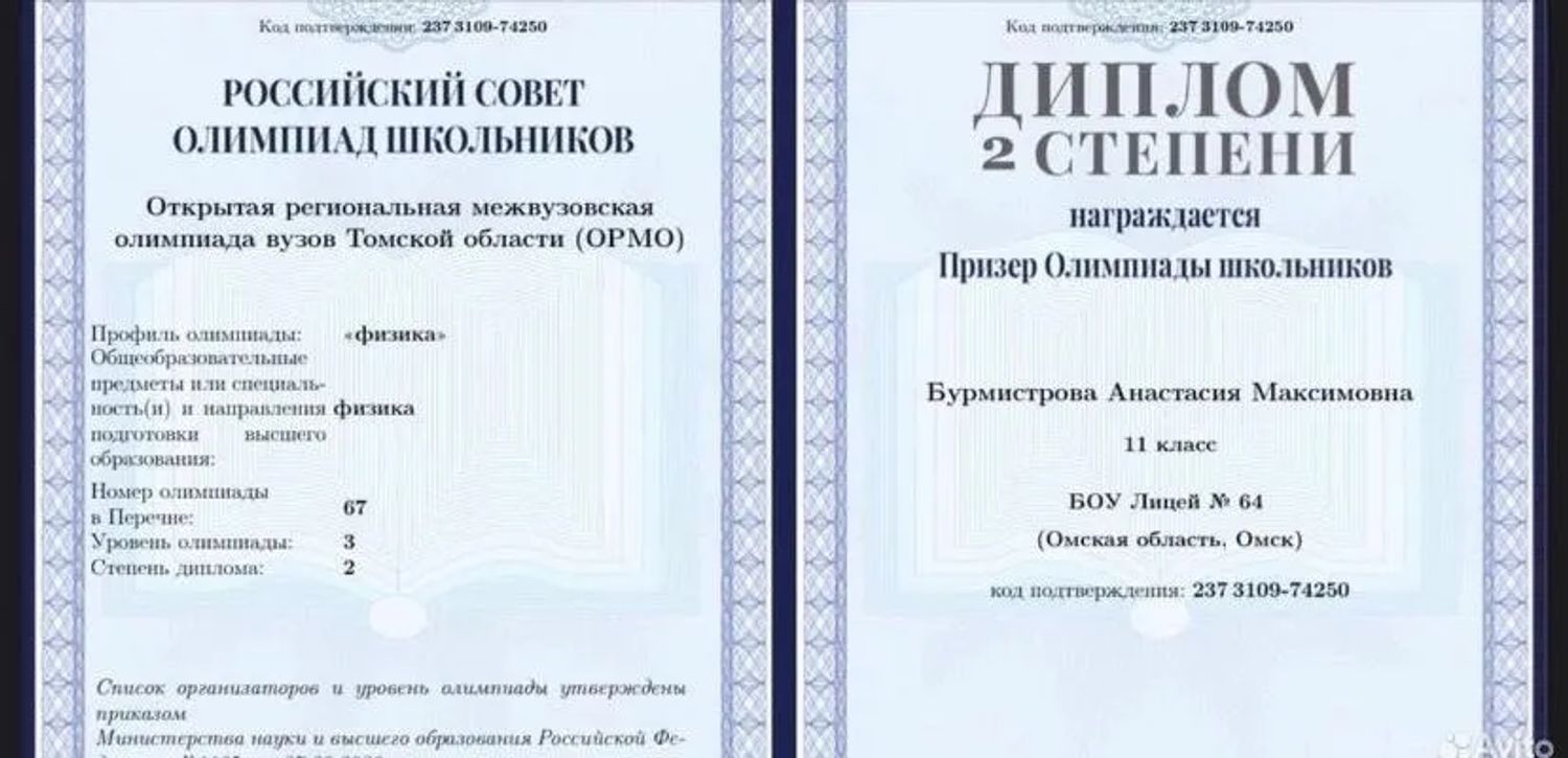 Призёр олимпиады ОРМО по физике — диплом 2 степени